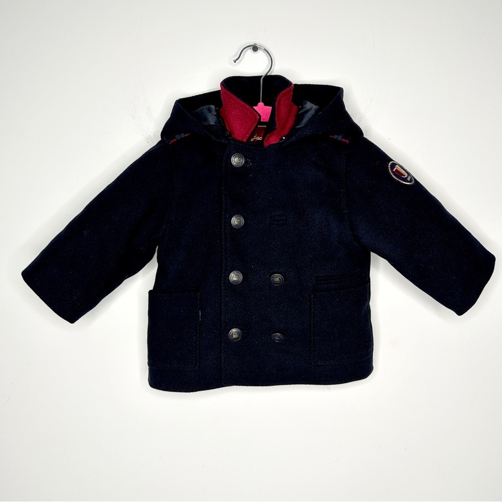 JACADI PARIS Navy Blue Wool Blend Hooded Baby Winter Coat Size 12 Months - Picture 7 of 10